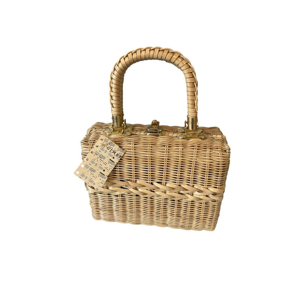Vintage 50s 60s Gabrielle Gimbels Wicker Handbag Purse Bag Rattan Box Top  JS